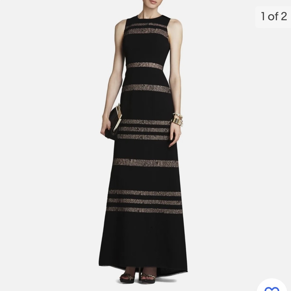BCBGMAXAZRIA BLACK KATIANA LACE INSET SLEEVELESS GOWN